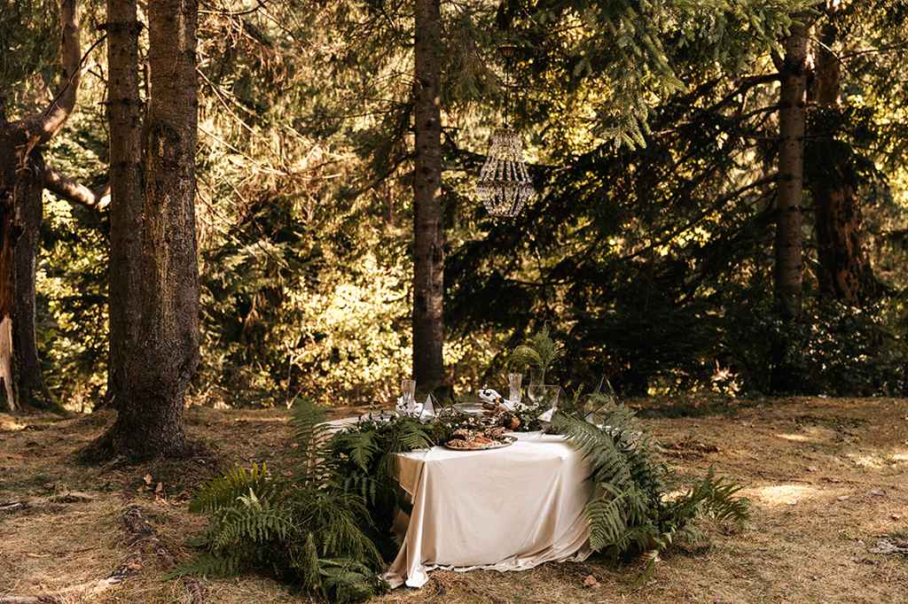 Postavljeno poročno omizje za intimno elopement poroko v gozdu. Foto: Storija weddings