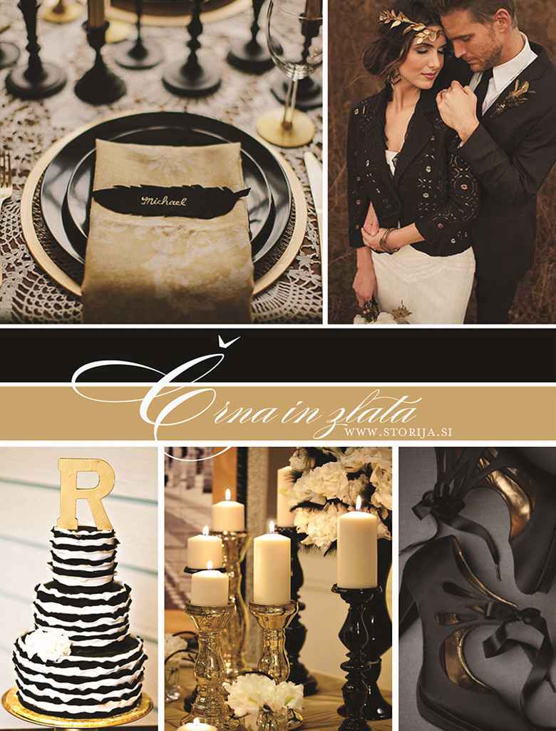 Poročni kolaž v zlato-črni poročni temi.  Foto: (spodaj) sestavila organizatorka porok Petra Starbek