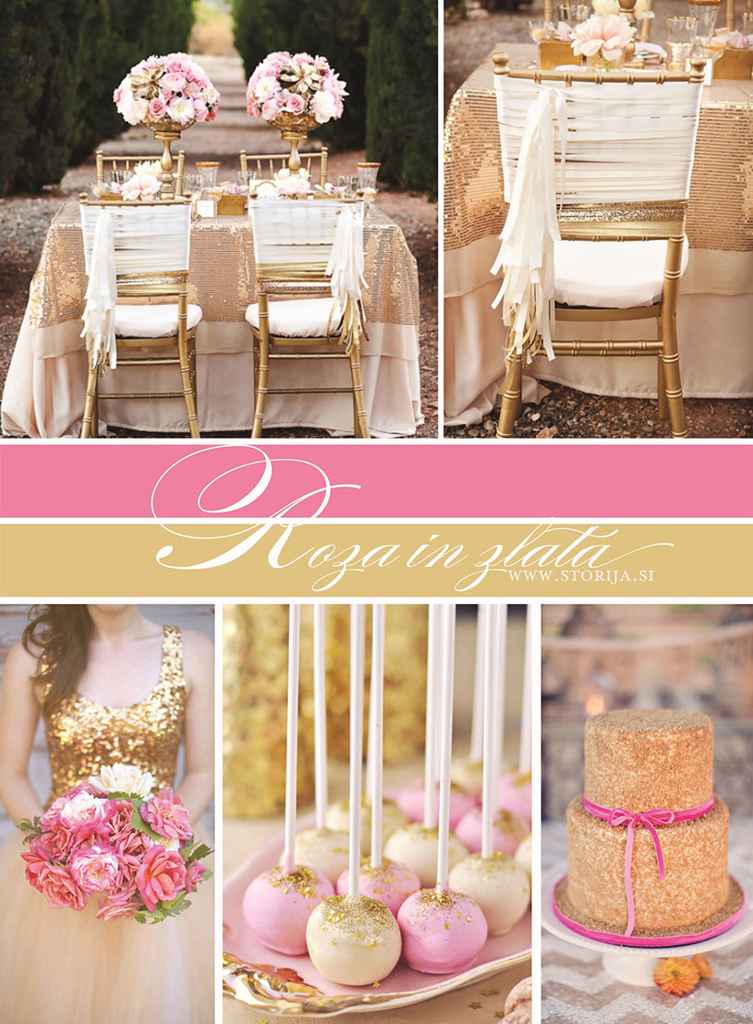Roza in zlata barva na poroki. Poročni kolaž sestavljen v roza in zlati barvi. Foto: (avtorji so spodaj) kolaž sestavila Petra Starbek