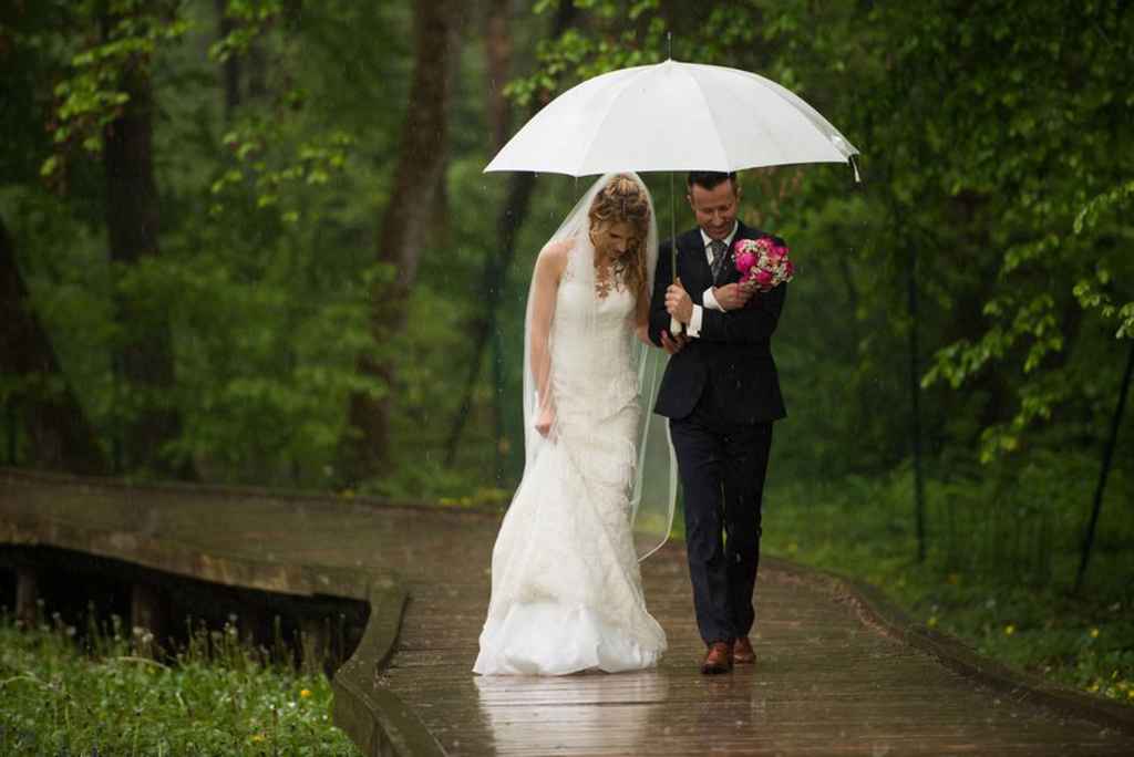 Nevesta in ženin se sprehajata med dežjem, z dežnikom v roki, v Arboretumu v Radomljah. Foto: Jean Kanoyev Photography