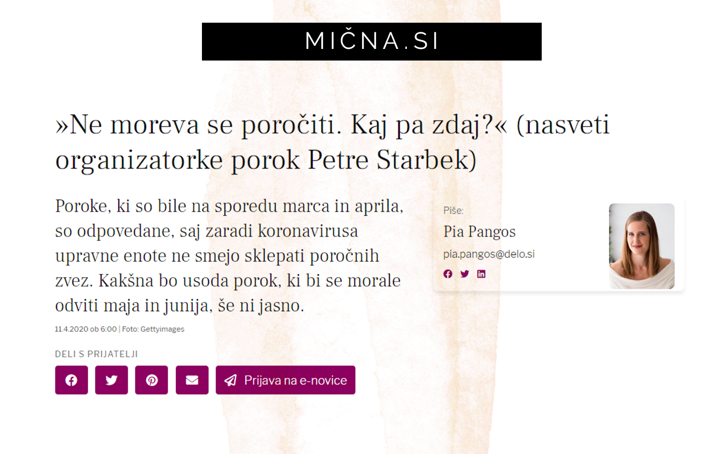 Pogovor z načrtovalko porok Petro Starbek o tem, kako organizirati poroko v času korona virusa